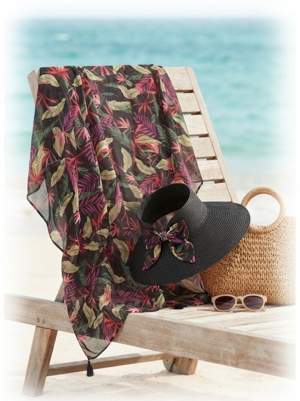 Madden NYC Tropical Leaf Kimono & Sun Visor Beach Kit
